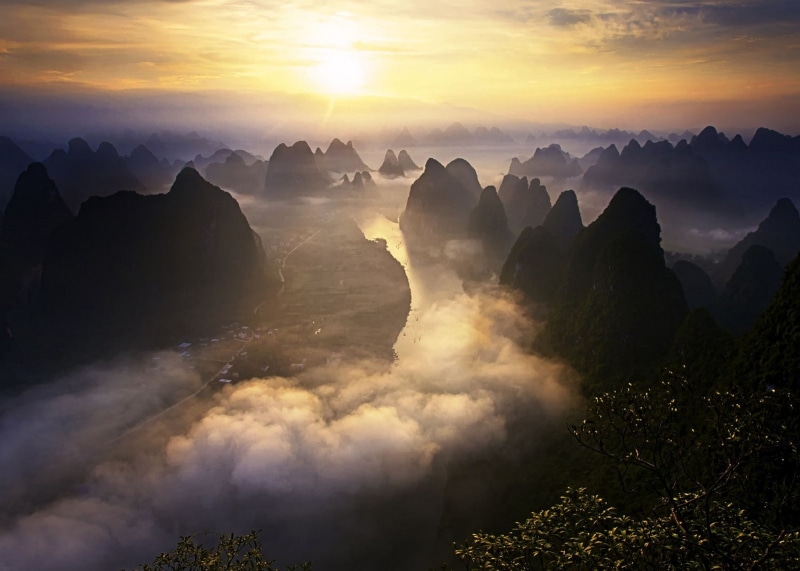 sky, mist, river, China, Guilin, mountains, shrubs, 720P, road, landscape, nature, town