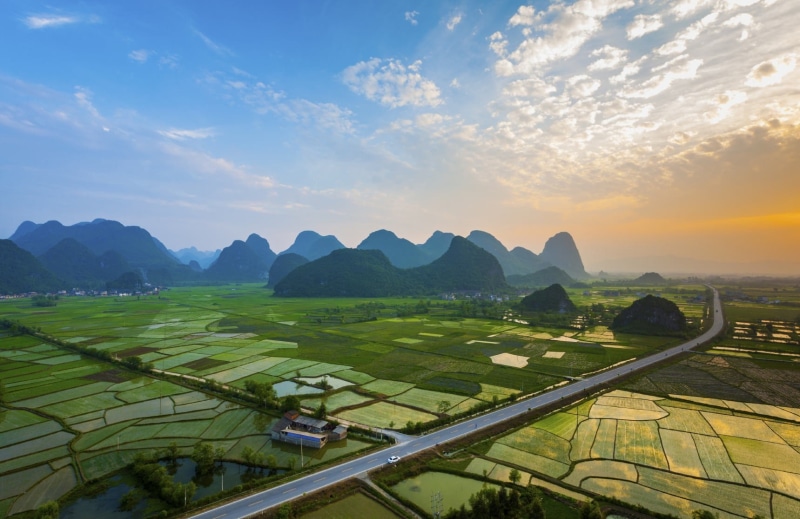 photography, mountains, nature, landscape, Guilin, rice paddy, China, sunset, field, clouds, village, road, 720P