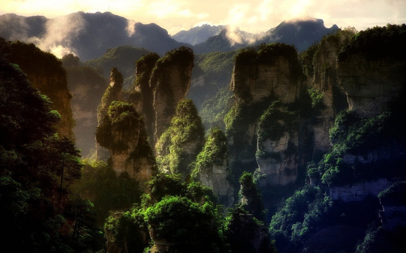 mountain, cloud - sky, nature, idyllic, non-urban scene, mountain range, trees, Avatar, forest, World Heritage Site, 720P, limestone, rock, mist, sky