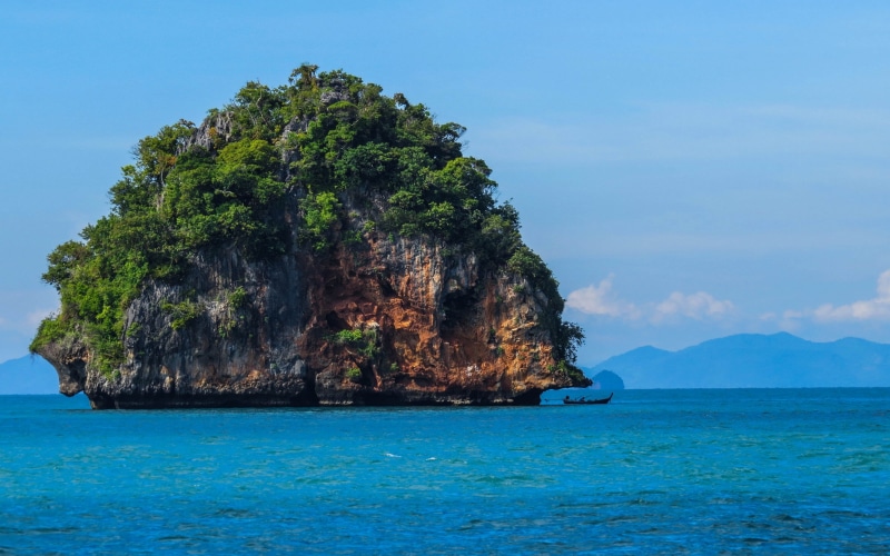 2K, sea, blue, limestone, tree, tranquility, sky, day, nature, Thailand, turquoise colored, plant, nautical vessel, mode of transportation, tropical, waterfront