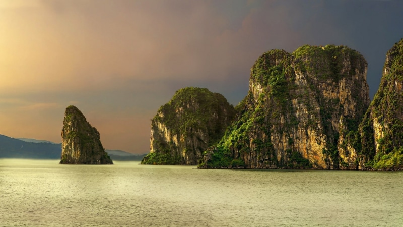 cliff, sunset, sea, nature, tropical, shrubs, rock, clouds, landscape, island, 1080P, limestone