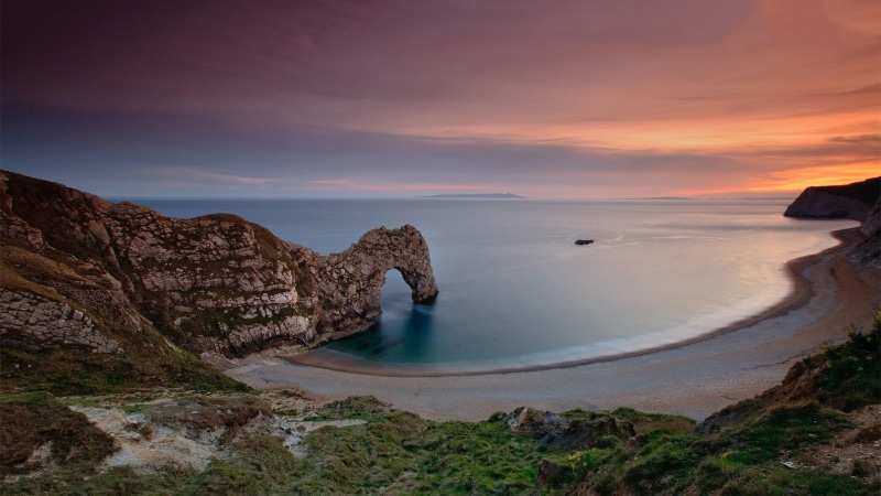 shore, sea, sky, united kingdom, morning, durdle door, horizon, dorset, coast, limestone arch, water, jurassic coast, europe, dawn, 4K, cliff, limestone