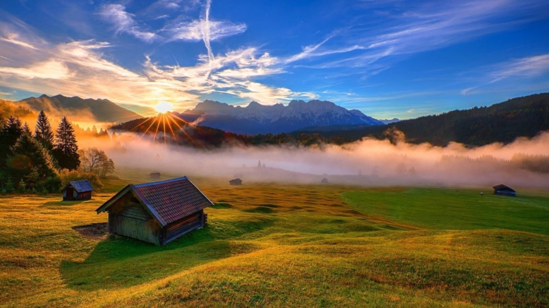 sky, northern limestone alps, sun, mountain village, cabin, austria, foggy, fog, village, dawn, cloud - sky, hut, tranquility, mountain range, wilderness