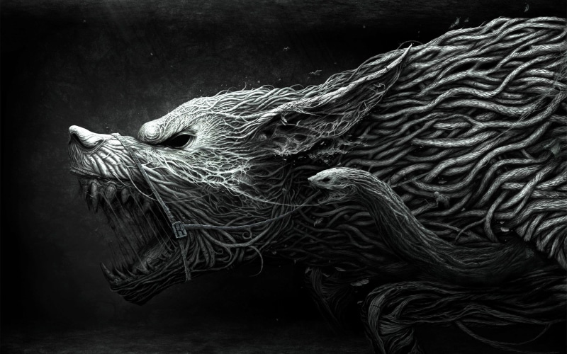 horror, Werewolf, wolf, creature, dark fantasy, fantasy art, simple background, monochrome, snake, roots, 4K, digital art