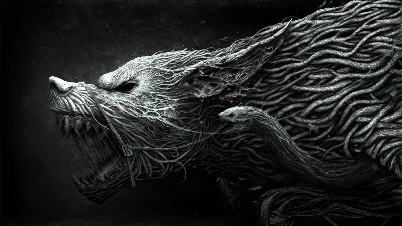 snake, simple background, digital art, Werewolf, fantasy art, roots, monochrome, horror, 2K, dark fantasy, creature, wolf