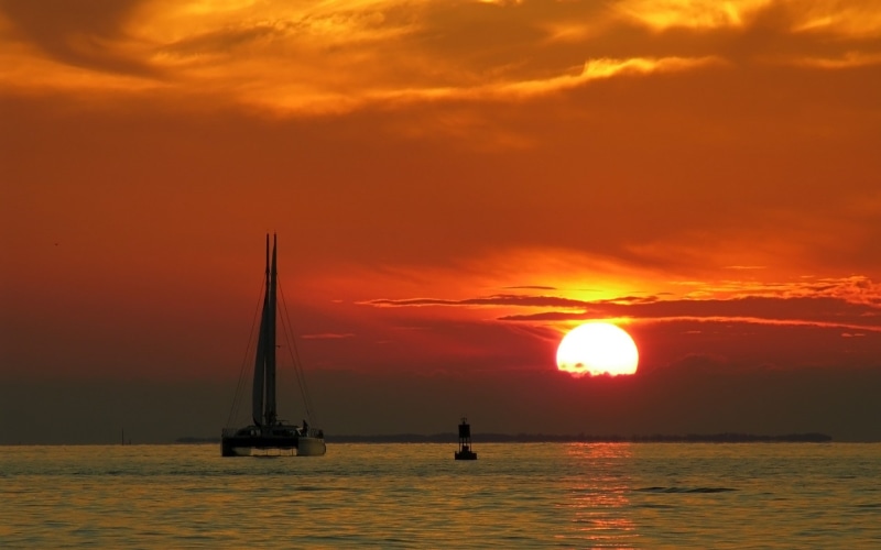 landscape, skyscape, 1080P, sunset, buoy, catamaran