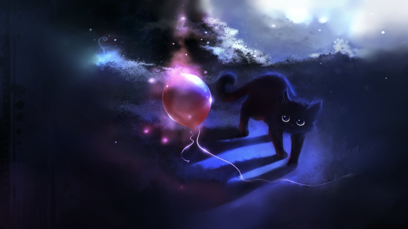 1080P, balloons, skyscapes, apofiss, artwork, Dark, cats, deviantart, animals