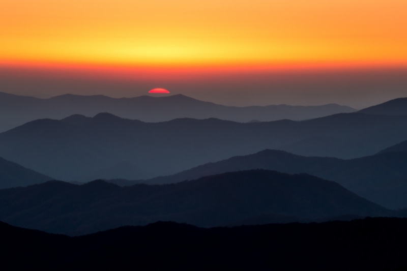skyscape, landscape, Tennessee, mountains, silhouette, Sun, sunset, national park, 1080P, Smoky Mountains, orange sky