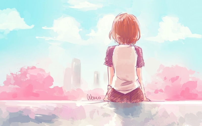 beautiful, sweet, short-hair, clouds, skirt, sitting, girl, brown-hair, anime, trees, character, nice, pretty, 720P, life, painting, artwork, anime-girl