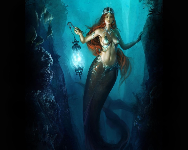 mermaid, goddess, pretty, underwater, dreamer, blue, 1080P, anime, grace, beautiful, canyon, lamp, lovely