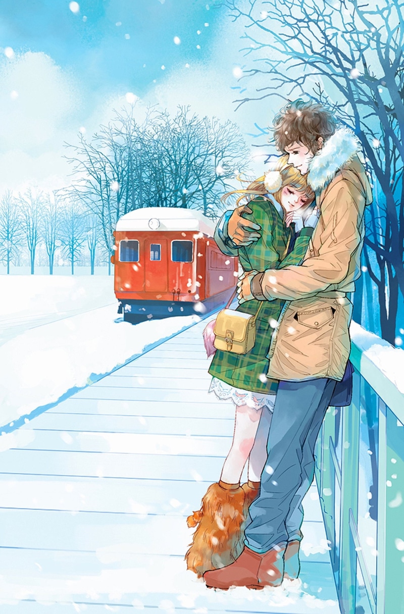 cute, red, love, tree, couple, 1080P, train, romantic, pretty, snow, anime