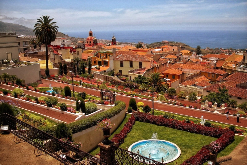 lovely, nice, flowers, holiday, pretty, rest, tenerife, vacation, roofs, 1080P, inviting, clouds, relax, beautiful, spain, view