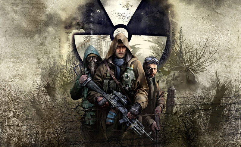 day, Stalker, two people, people, l, sky, clear sky, clothing, shadow, first-person shooter computer game, gun, weapon, plant, front view, clear, mature men