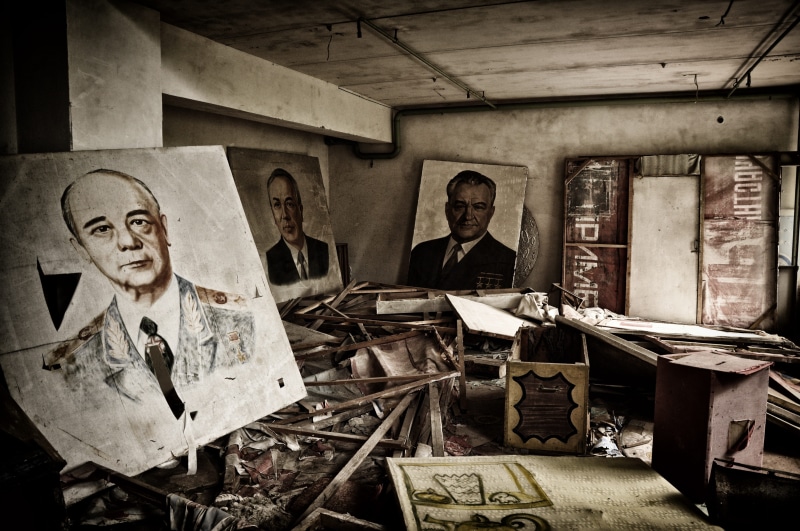 two people, human representation, male likeness, front view, art and craft, mature adult, Chernobyl, craft, men, adult, representation, spooky, old-fashioned