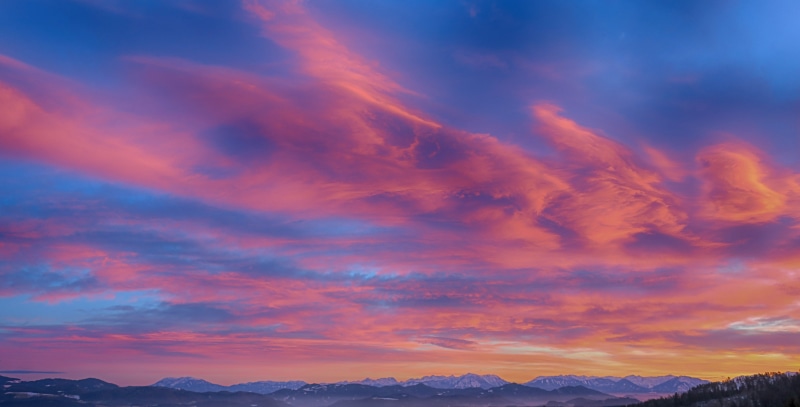 mountain range, vibrant color, scenics - nature, dusk, tranquil, scenery, orange color, urban skyline, peaceful, sunrise, nature, mountains, dawn, tranquil scene