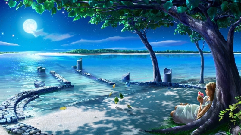 hd, night, trees, sea, 1080P, space, artwork, dreams, women, moons, art, x, moon, Landscapes, skyscapes, kagaya, yutaka