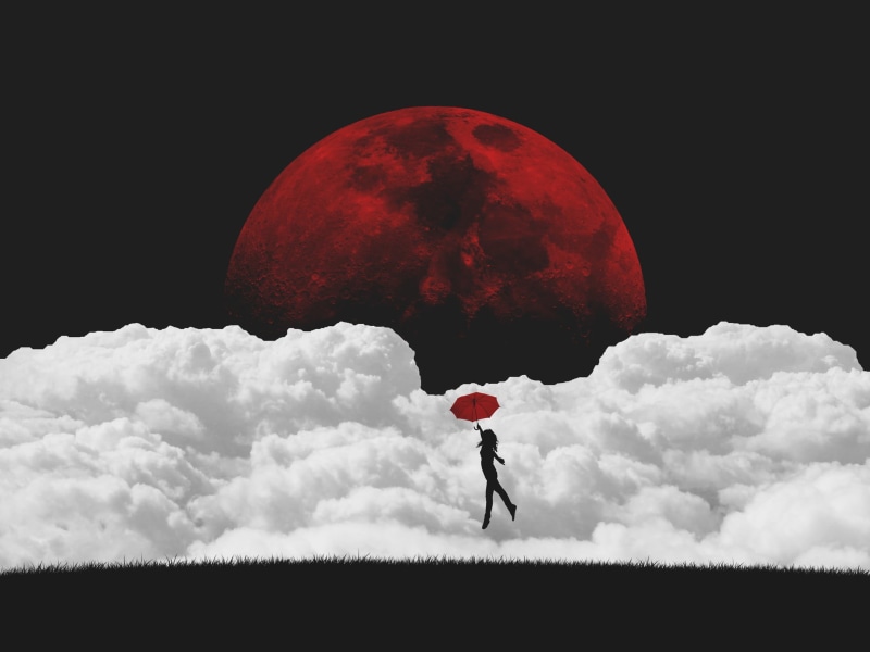 Moon, red umbrella, red, digital art, sky, dark, silhouette, white, digital, black, fantasy art, umbrella, artwork, 1080P, night, flying, skyscape, women