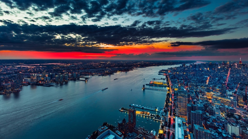 city lights, 1080P, purple sky, cityscape, night, skyscape, Manhattan, New York City
