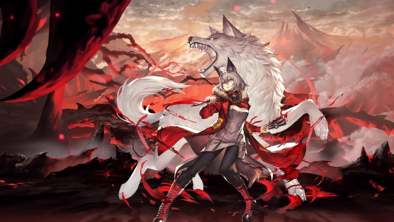 anime girls, wolf ears, knife, Arknights, 4K, wolf girls, anime, mountains, Projekt Red(Arknights), wolf