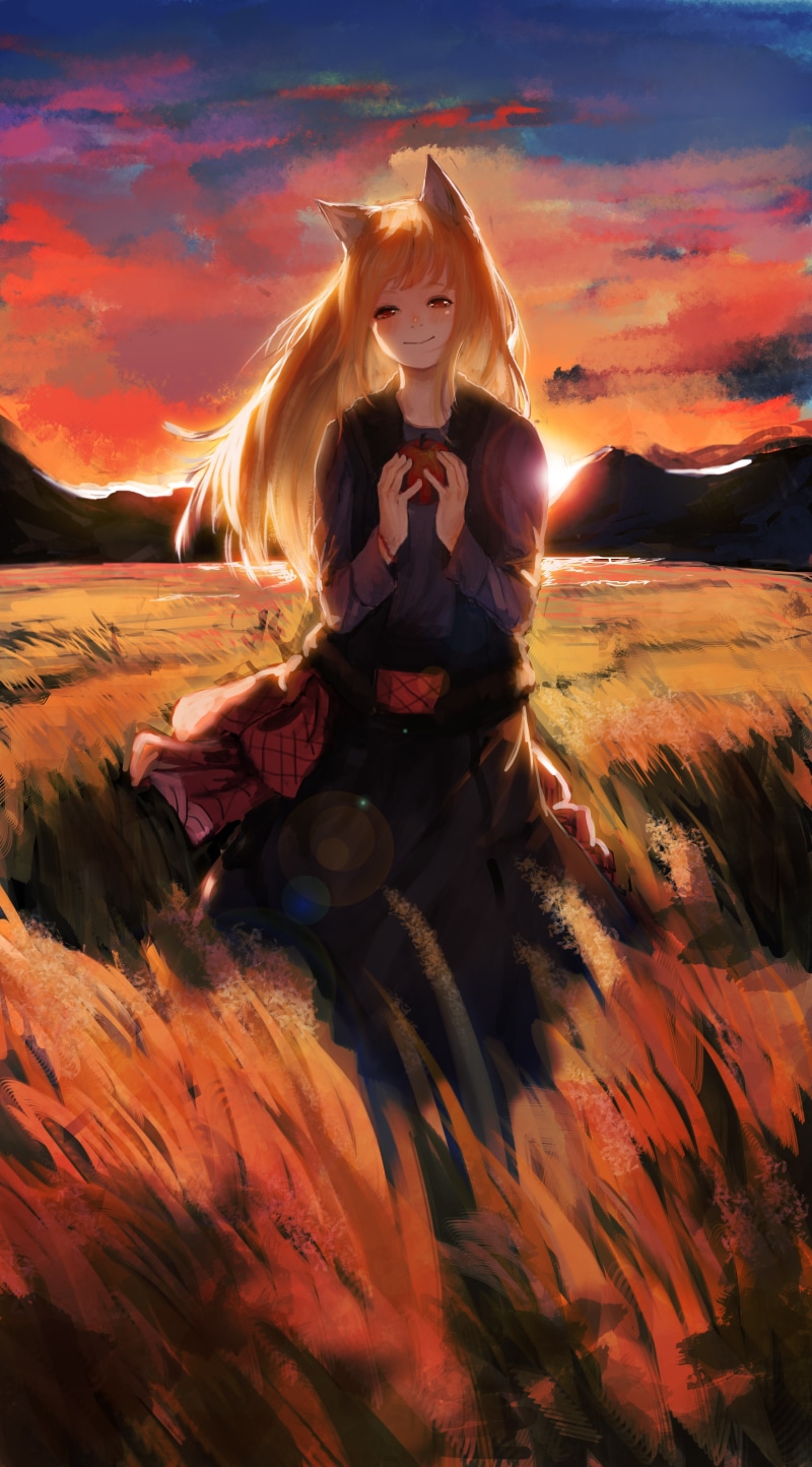 sky, apple, holo, full length, ookami to koushinryou, adult, Anime, outdoors, orange color, sunset, cowboy, leisure activity, nature, smiling, one person
