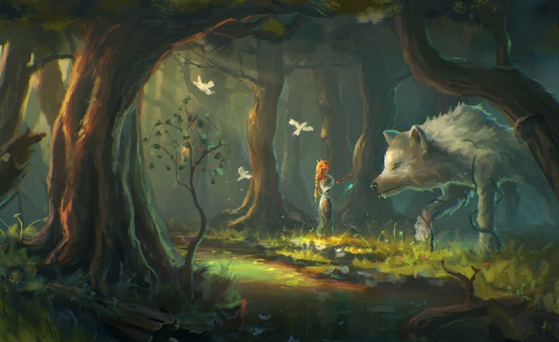 1080P, wolf, fantasy, forest, painting, fantasy art, art, girl, woman