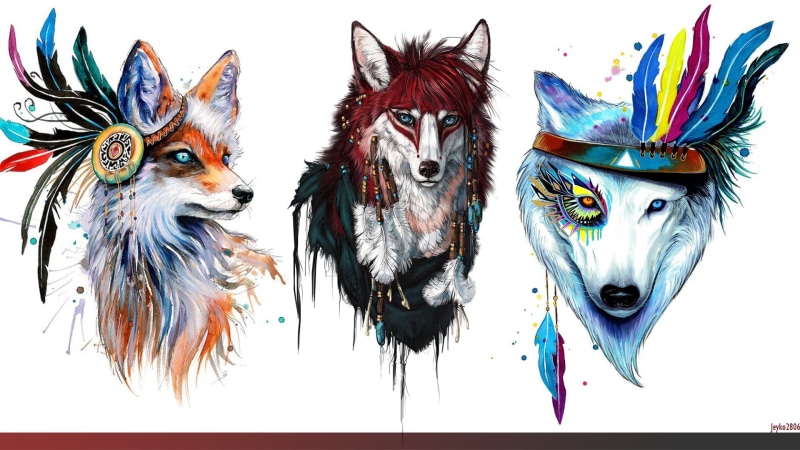 disguise, portrait, mammal, close-up, three, white background, indoors, creativity, collage, costume, abstract, animal representation, multi colored, wolf