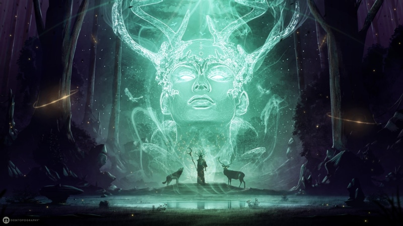 Night, Shaman, Deer, 1080P, Fantasy, Wolf, Forest, Spirit, Magic