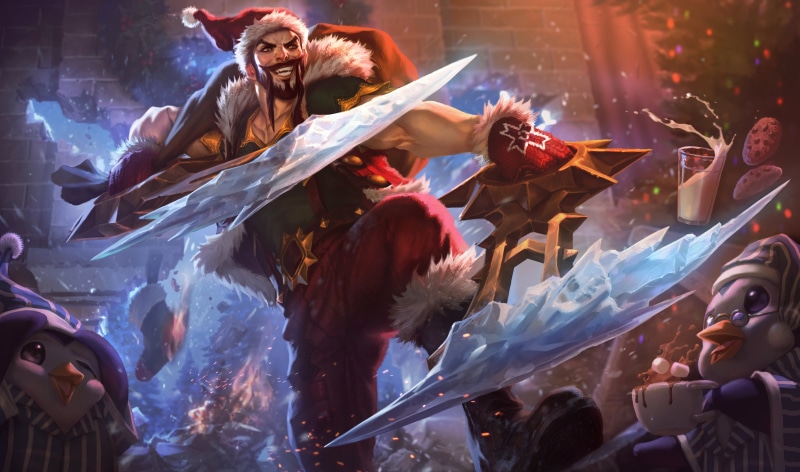 Art, Penguins, League Of Legends, Draven, Hat, Axes, Splash, Santa, Ice, 4K, Liver, Milk, Mittens, Artwork, LoL, Mustache