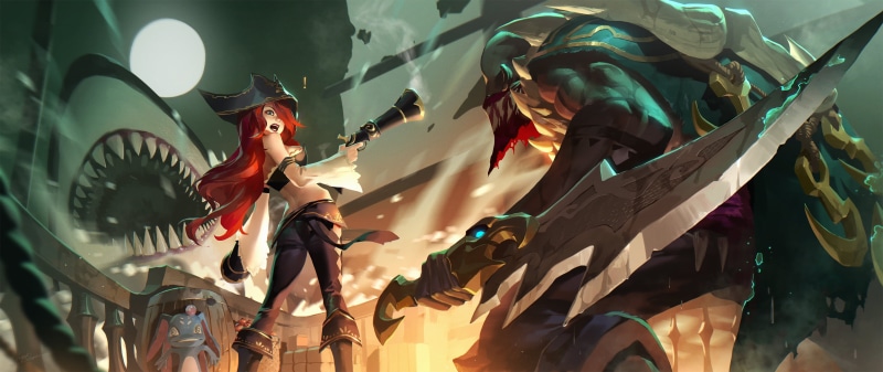 Pyke (league of Legends), long hair, shark, redhead, Miss Fortune, Video Game Art, fan art, League of Legends, battle, sword, Miss Fortune (League of Legends)