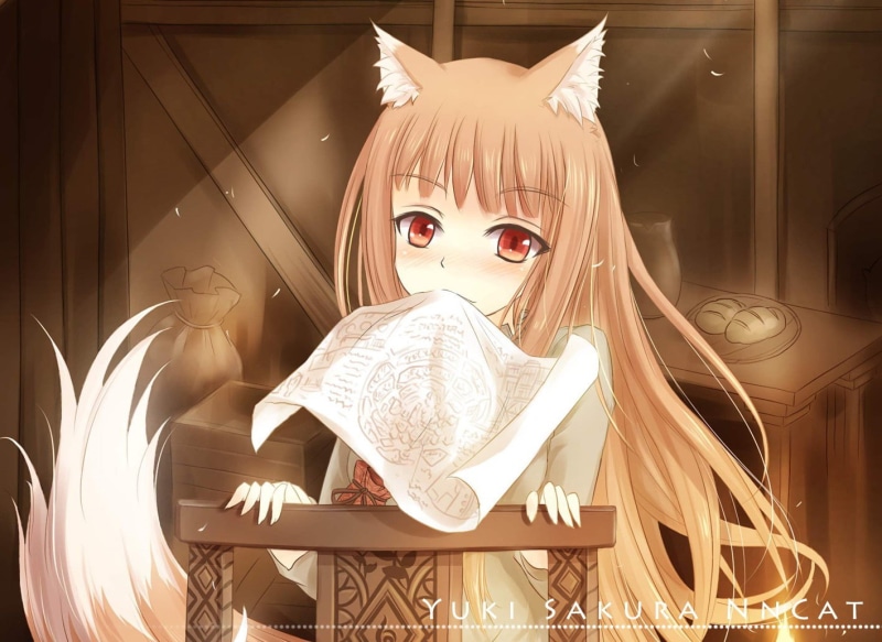 Spice and Wolf, art and craft, indoors, Holo, cute, mammal, Okamimimi, portrait, blond hair, one person, innocence, looking at camera, celebration, representation
