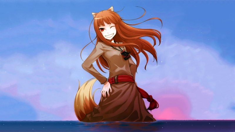 clothing, adult, beauty in nature, sea, nature, redhead, beauty, Okamimimi, sky, Holo, women, Spice and Wolf, young adult, anime girls, wind, fashion, contemplation