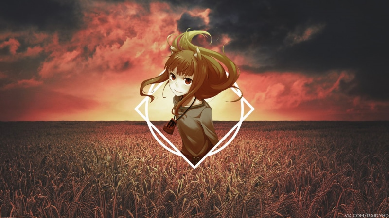 land, nature, field, picture-in-picture, 1080P, anime girls, sky, positive emotion, grass, emotion, cloud - sky, Holo (Wolf and Spice), outdoors, child
