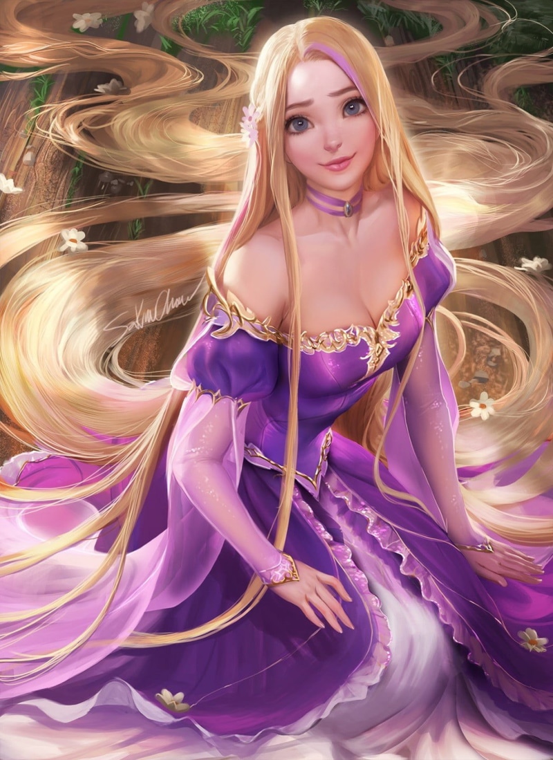beautiful woman, Sakimichan, women, looking at camera, blond hair, realistic, purple, blonde, beauty, portrait, real people, cleavage, front view, fashion
