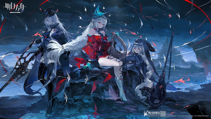 Skadi(Arknights), long hair, water, 1080P, Arknights, Specter(Arknights), church, video game characters, white hair, red eyes, Gladiia(Arknights), video games