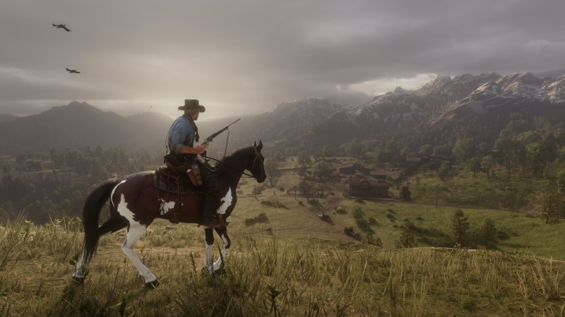 sky, land, video games, domestic, one person, Rockstar Games, Red Dead Redemption 2, mountain range, outdoors, riding, domestic animals, activity, 4K