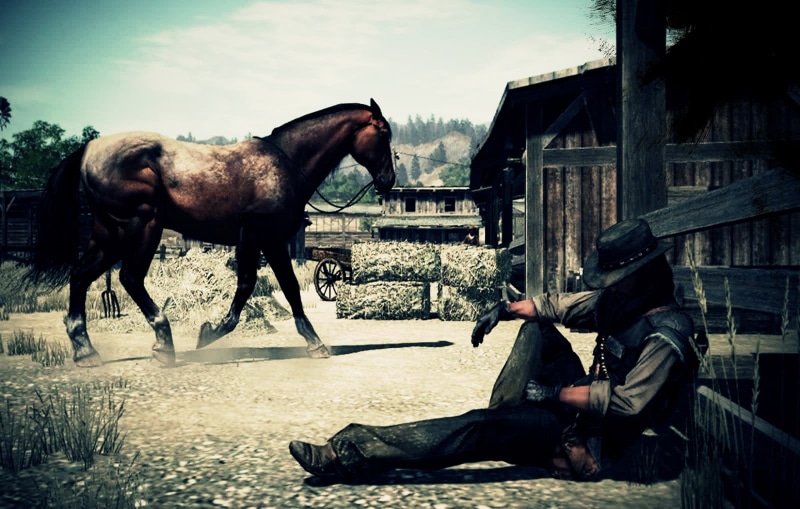horse, black, video games, John Marston, pets, 720P, people, real people, built structure, domestic animals, day, herbivorous, full length, cowboy, outdoors