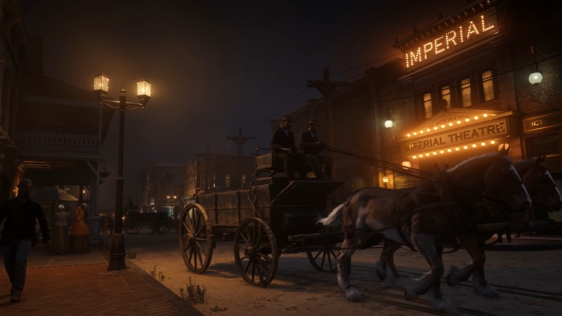 Red Dead Redemption, one animal, building exterior, street, Red Dead Redemption 2, video games, horsedrawn, horse, animal, transportation, Rockstar Games