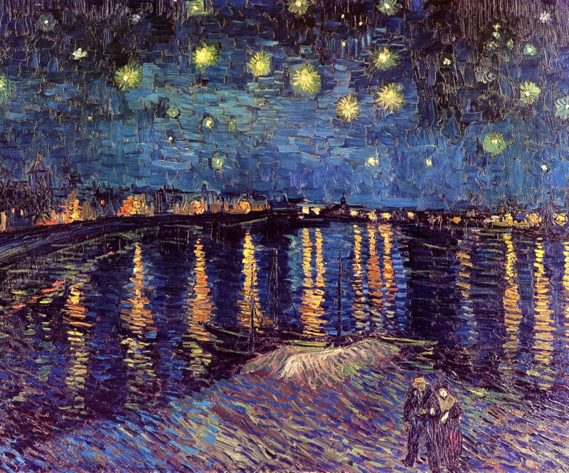 river, lights, Over the Rhone, night, boats, pair, 2K, Vincent van Gogh, Starry Night