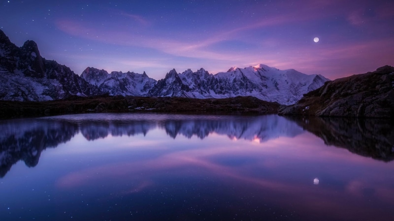 cheserys lakes, moonlight, night sky, mount scenery, lake, reflection, sky, wilderness, moon, mont-blanc, mountain, mountain range, nature, chamonix, france
