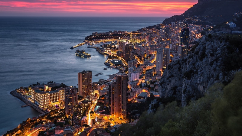 monte carlo, city lights, dusk, europe, monaco, coast, cityscape, sunset, evening, promontory, 1080P, sea, monte-carlo, horizon
