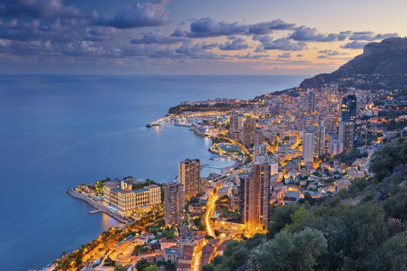 The Ligurian sea, panorama, night city, 1080P, coast, sea, Cote Dazur, Ligurian Sea, Monte Carlo, French Riviera, Monaco