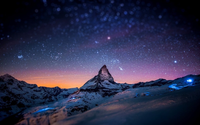 winter, Tilt Shift, mountain, space, night, Switzerland, Zermatt, 1080P, rock, snow, landscape, Starry Night, stars, Matterhorn, bokeh