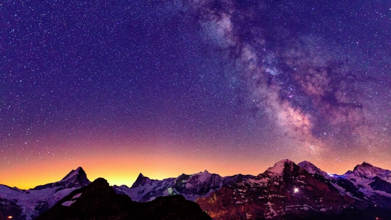 swiss alps, sky, milky way, europe, alps, 1080P, night, switzerland, purple sky, zermatt, mountain, stars, orange sky, mountains, night sky, starry night