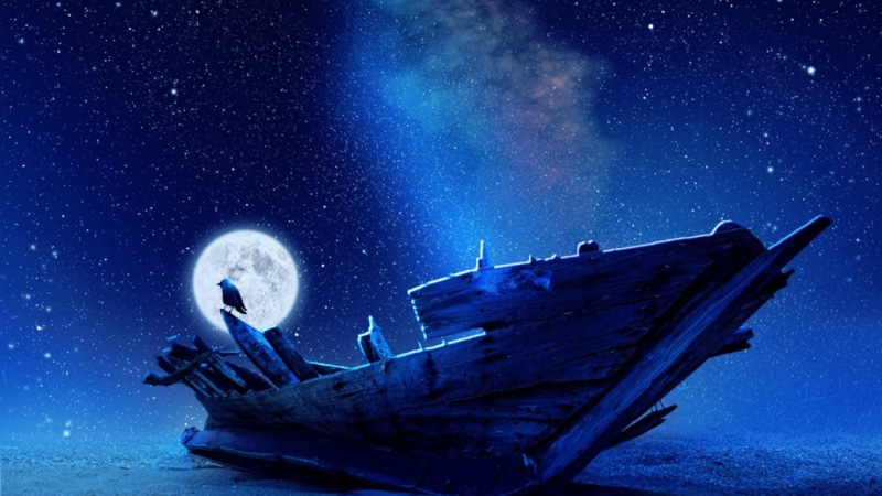 full moon, night, stars, bird, 4K, old ship, sea