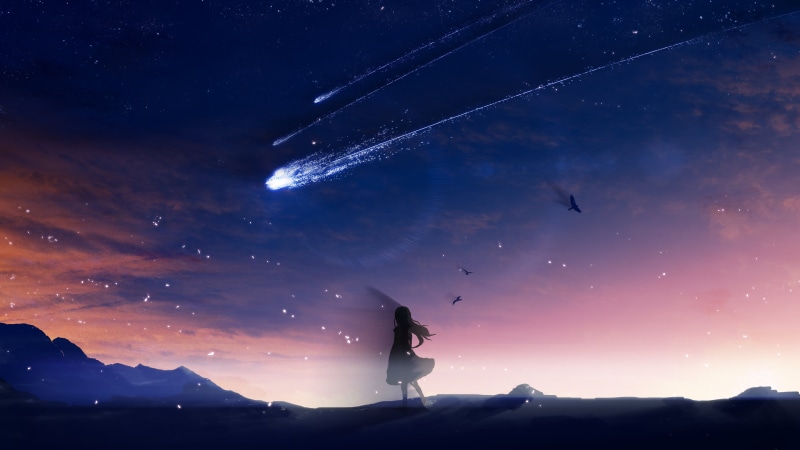 anime girls, artwork, 4K, night, anime, stars, shooting stars, digital art