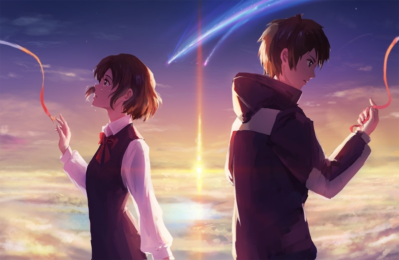 real people, females, lens flare, Anime, three quarter length, togetherness, sunset, digital composite, women, cloud - sky, your name, 720P, taki tachibana