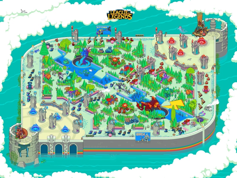 league, day, screenshot, town, illustration, art and craft, multi colored, architecture, legends, application, backgrounds, cloud - sky, building, League of Legends