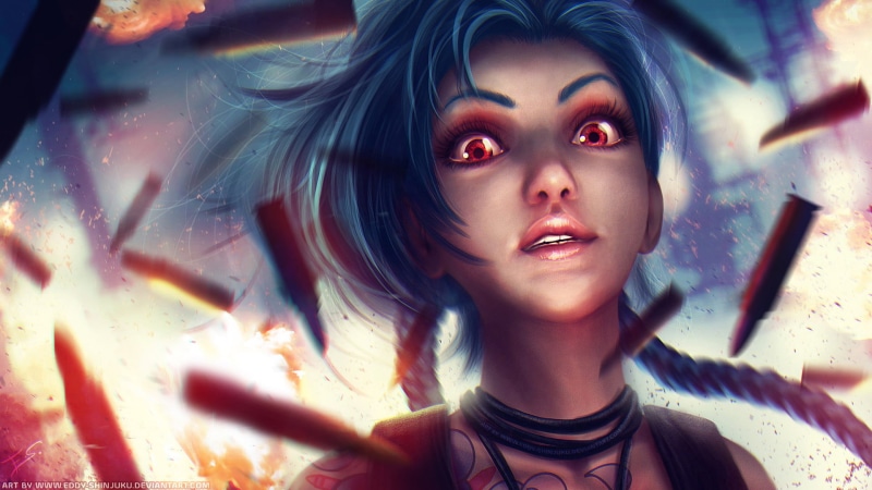 beautiful woman, female, hairstyle, redhead, young women, beauty Product, Jinx, emotion, anime, city, hair, blue, portrait, looking at camera, anime girls