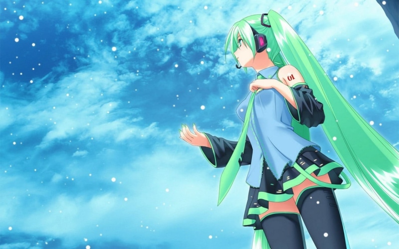cloud - sky, low angle view, outdoors, digital, miku, leisure activity, 720P, sky, green color, waist up, nature, standing, Vocaloid, day, clothing