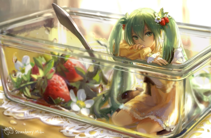 anime girls, representation, hatsune, human representation, sweet food, miku, berry fruit, healthy eating, vegetable, Hatsune Miku, temptation